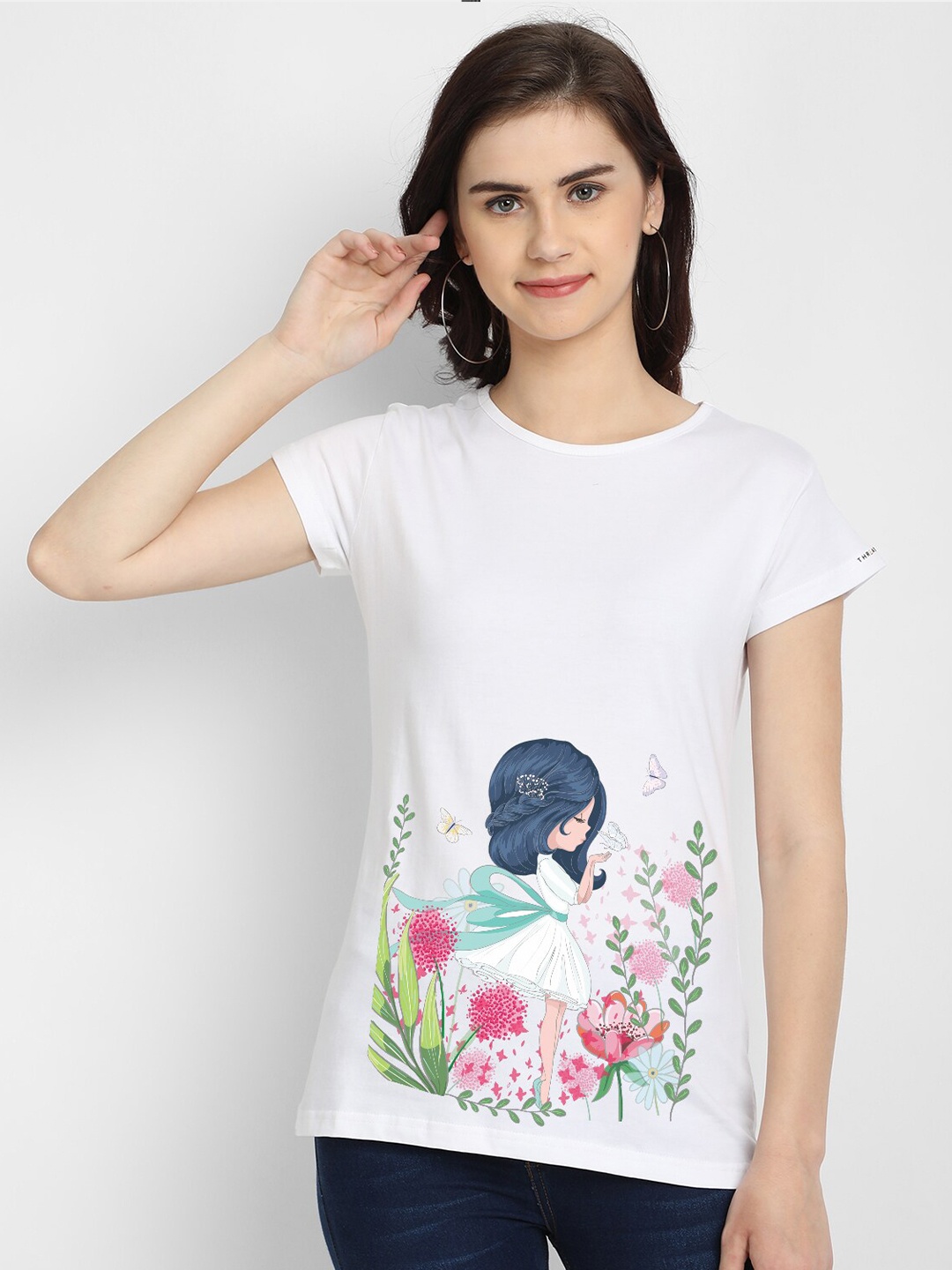 

THREADCURRY Women White Floral Printed Cut Outs T-shirt