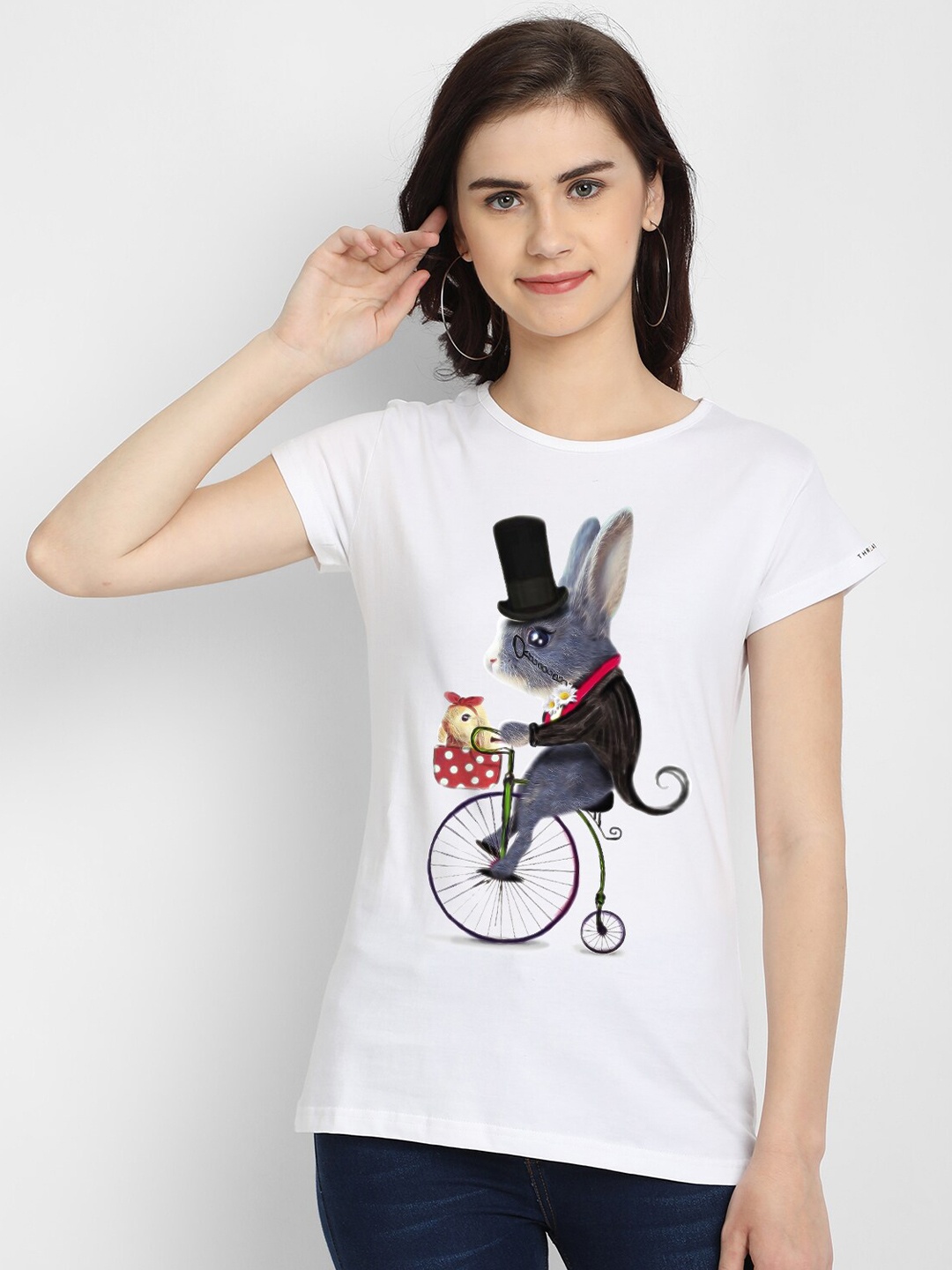 

THREADCURRY Women White Printed Extended Sleeves T-shirt