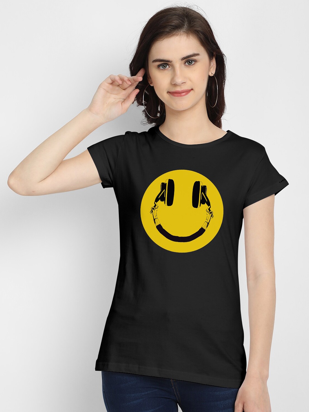 THREADCURRY Women Black & Yellow Printed Cotton T-shirt