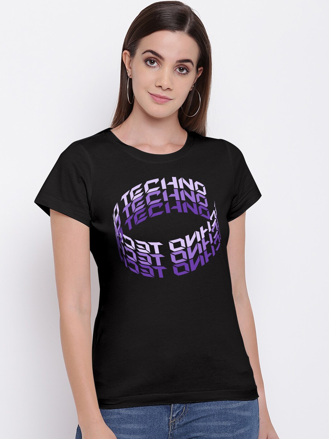 THREADCURRY Women Black & Purple Typography Printed Cotton T-shirt