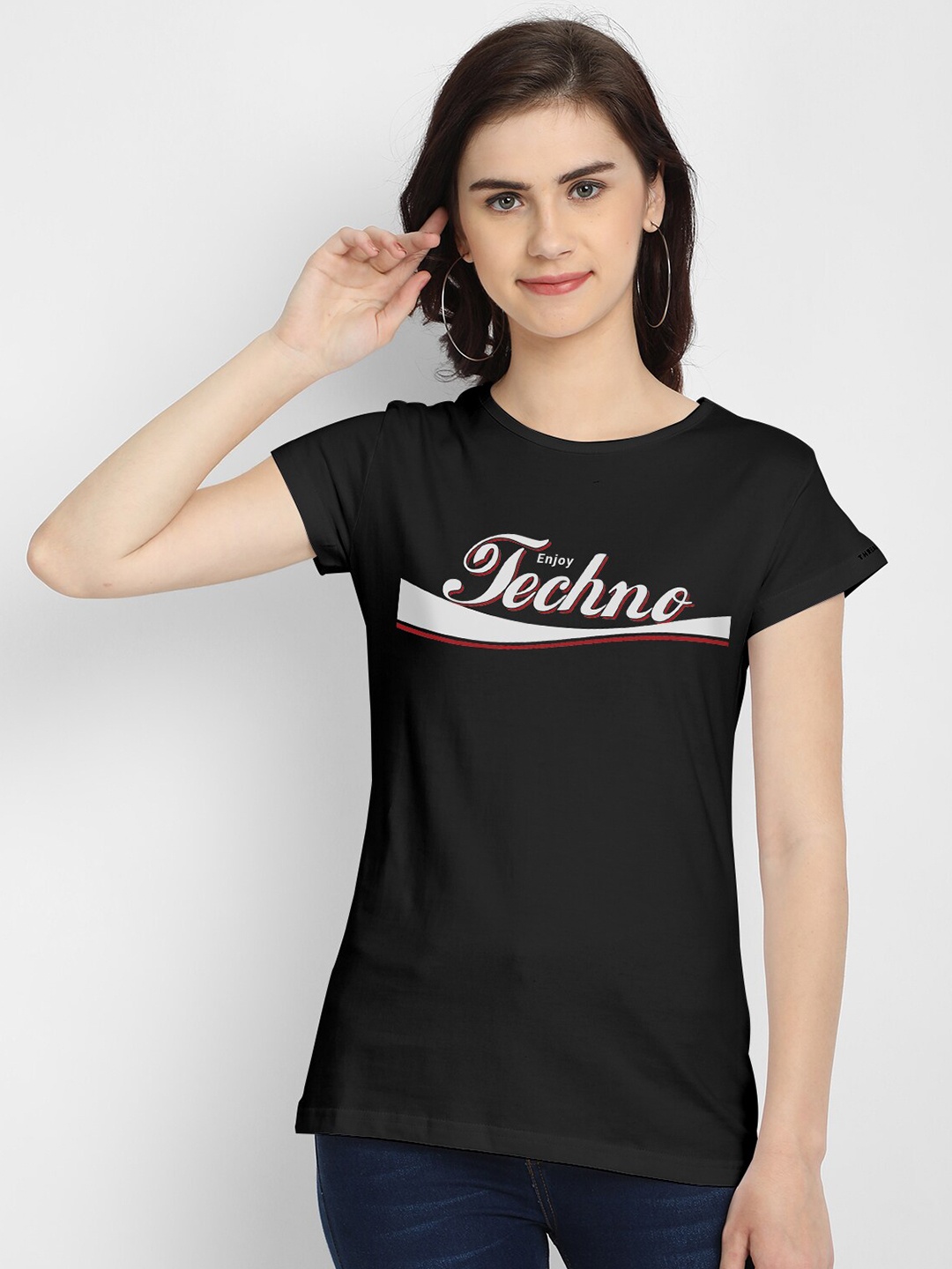 

THREADCURRY Women Black Typography Cut Outs T-shirt