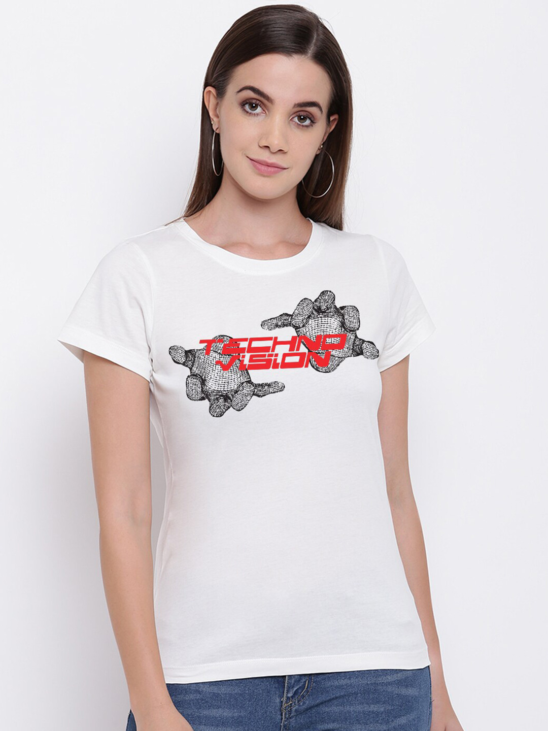 

THREADCURRY Women White & Black Printed Cotton T-shirt