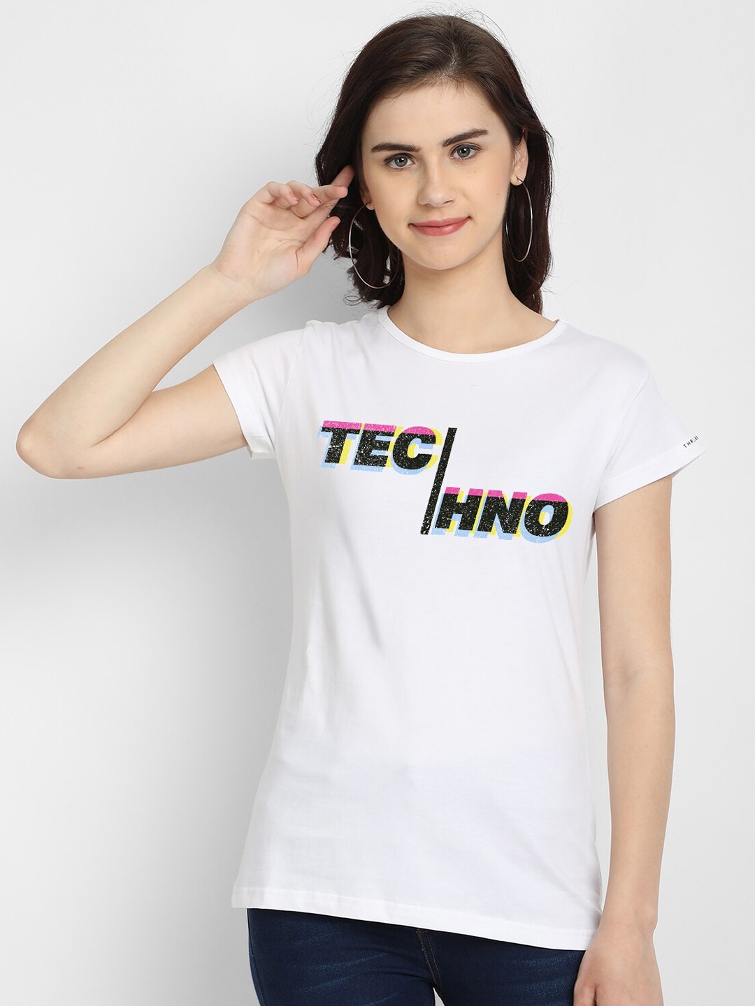 

THREADCURRY Women White Typography Printed Applique T-shirt