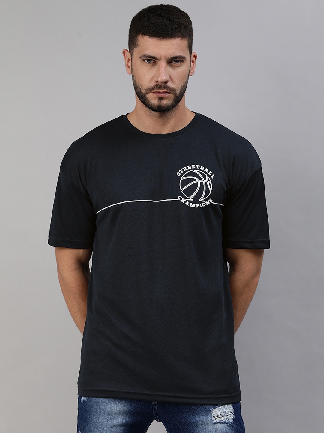 

abof Men Navy Blue & White Printed Extended Sleeves T-shirt