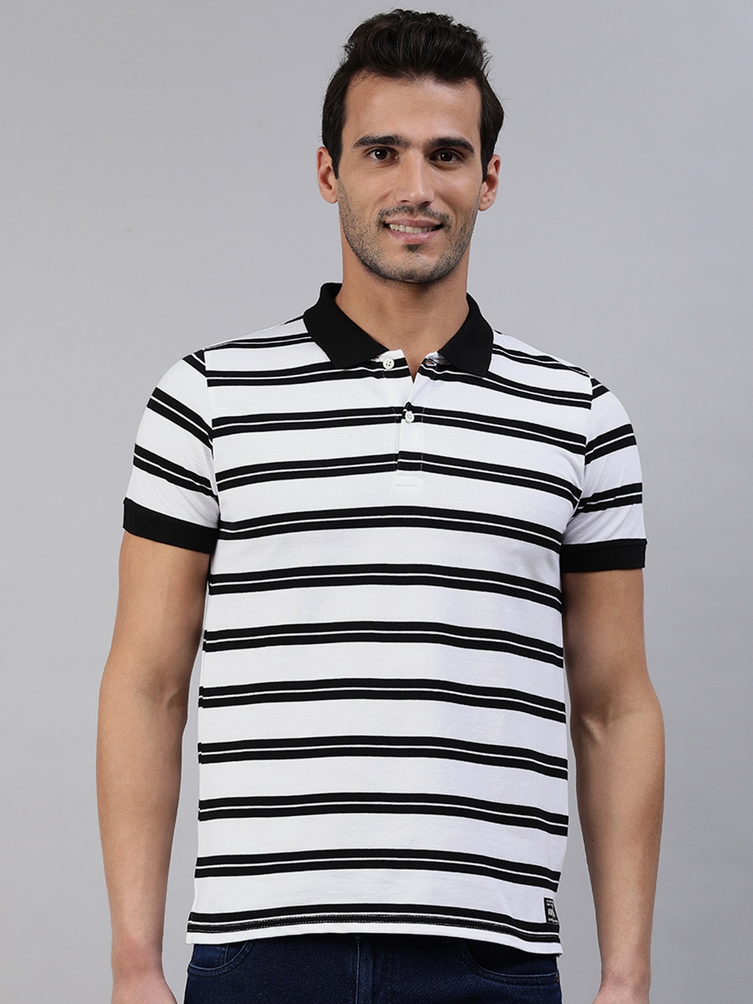 

abof Men Navy Blue & White Striped Polo Collar T-shirt