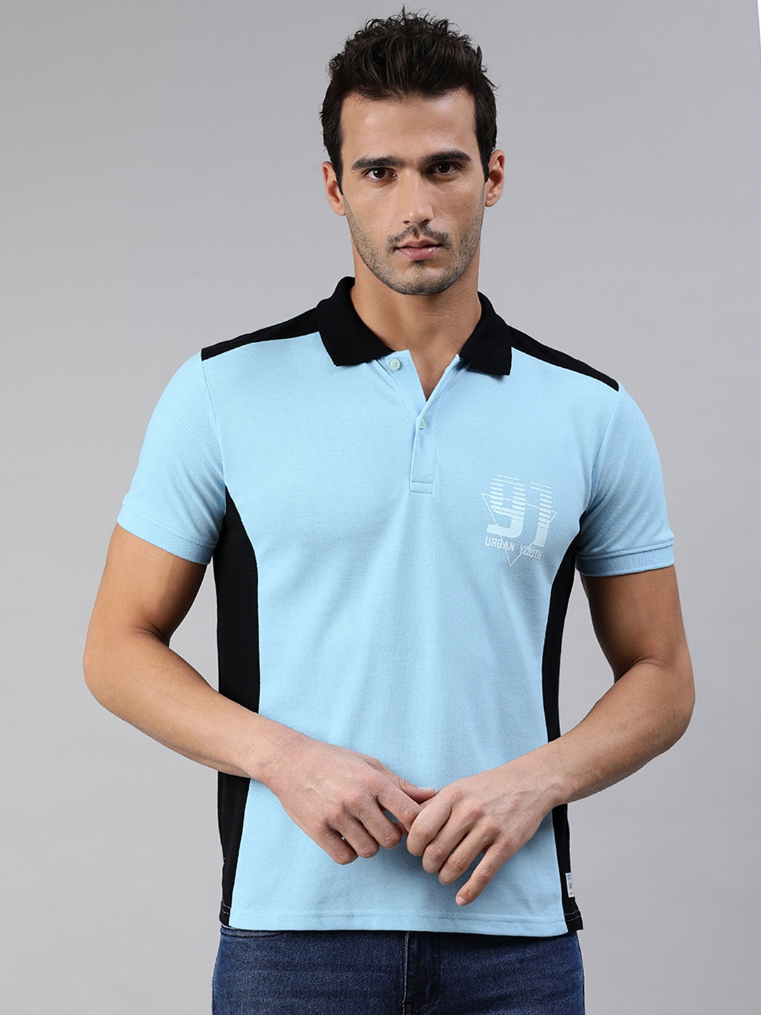 

abof Men Blue & White Varsity Printed Polo Collar T-shirt