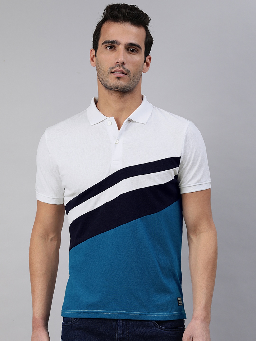 

abof Men White & Blue Colourblocked Polo Collar T-shirt