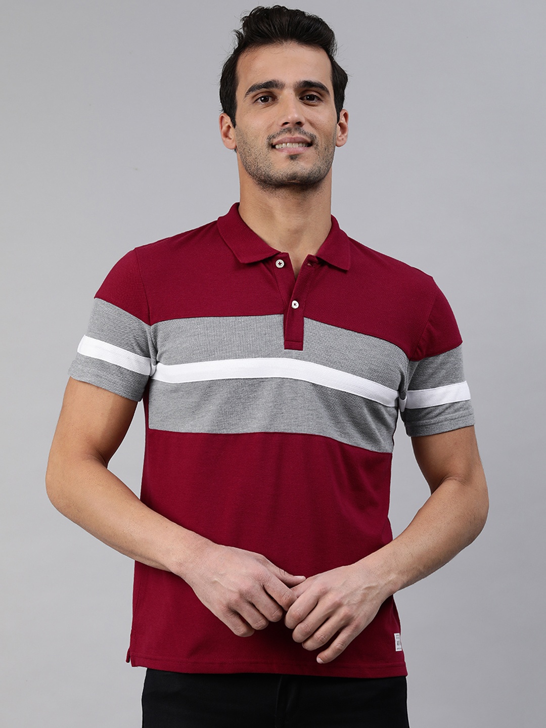 

abof Men Maroon & Grey Colourblocked T-shirt