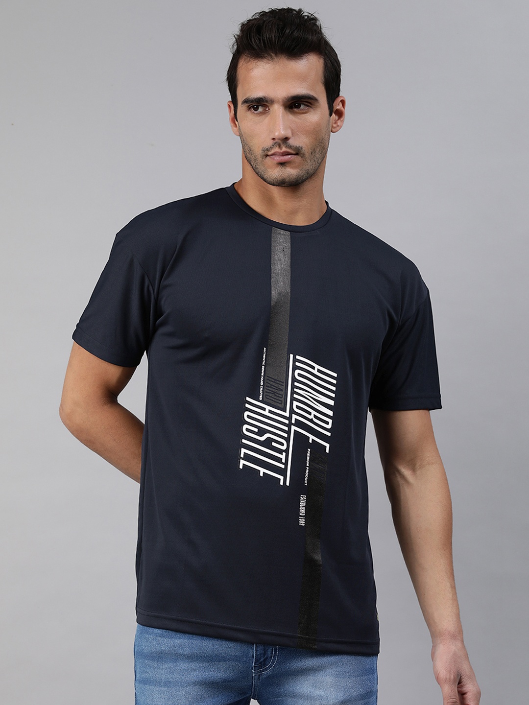 

abof Men Navy Blue & White Typography Printed T-shirt