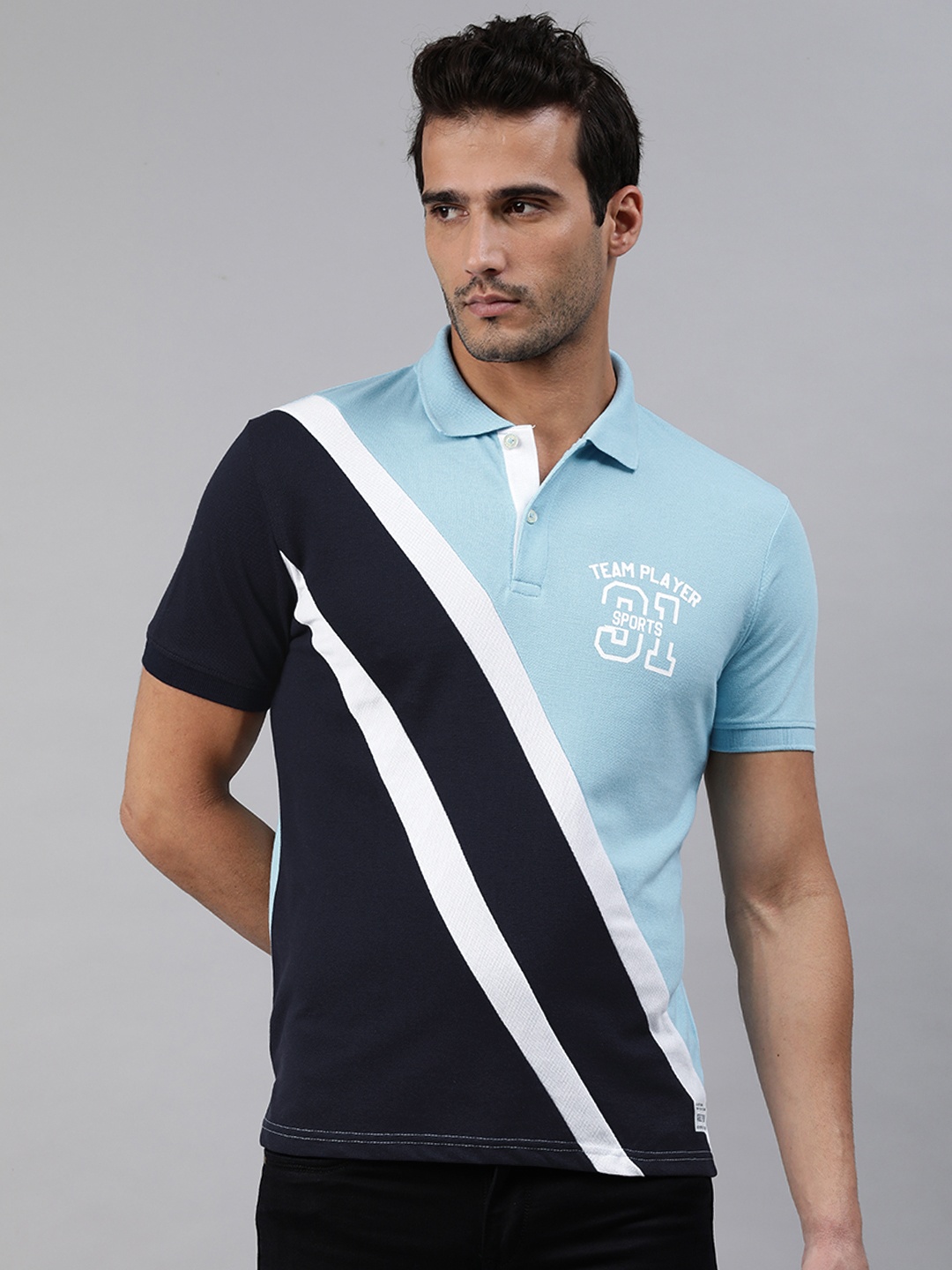 

abof Men Blue & White Printed Polo Collar T-shirt