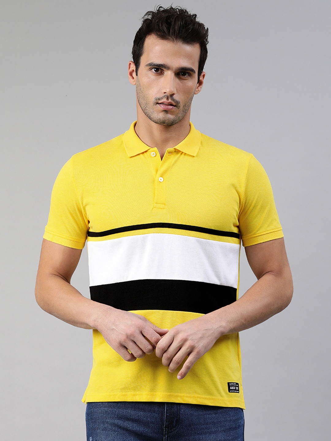 

abof Men Yellow & White Colourblocked Polo Collar Pure Collar T-shirt