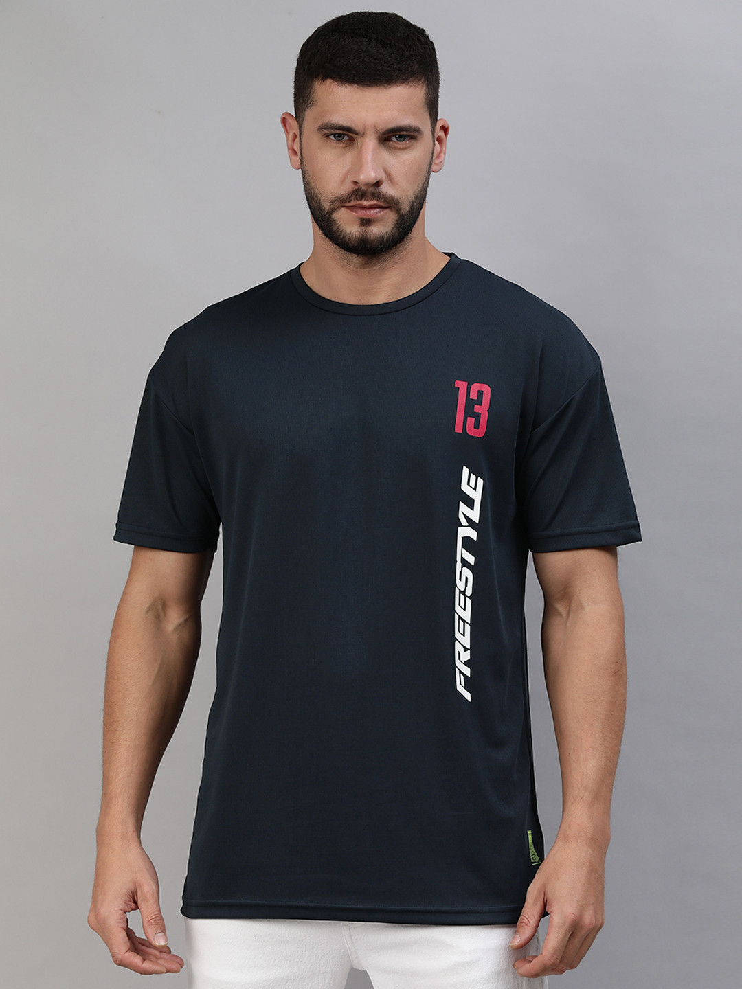 

abof Men Navy Blue & White Typography Printed Round Neck Pure Cotton T-shirt