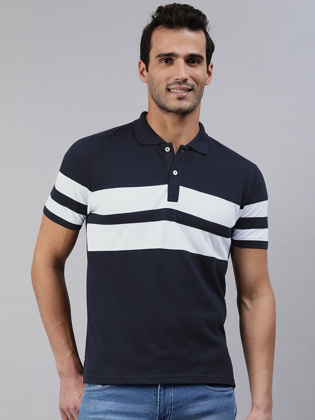 

abof Men Navy Blue & White Striped Polo Collar T-shirt