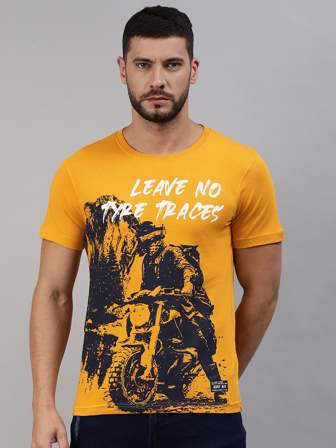 

abof Men Mustard Yellow & Black Printed T-shirt