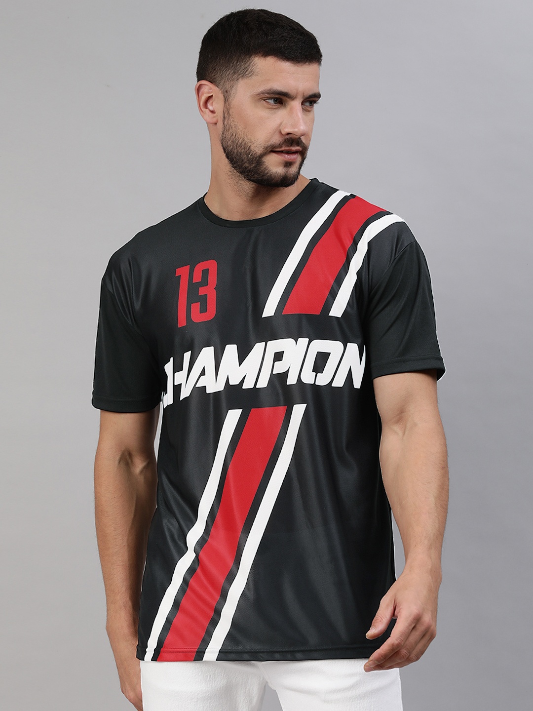 

abof Men Black & White Varsity Printed Round Neck T-shirt