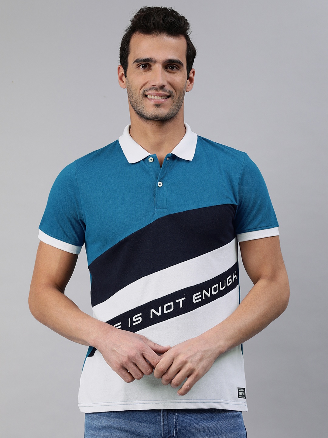 

abof Men Blue & White Colourblocked Polo Collar T-shirt