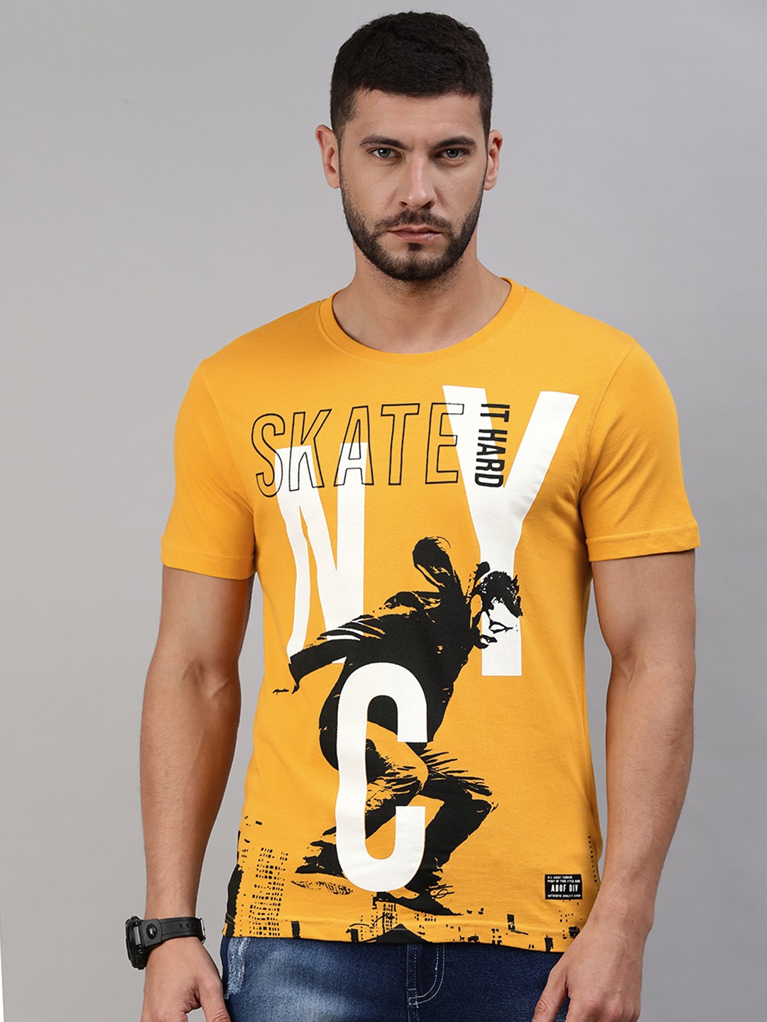 

abof Men Mustard Yellow & White Printed T-shirt
