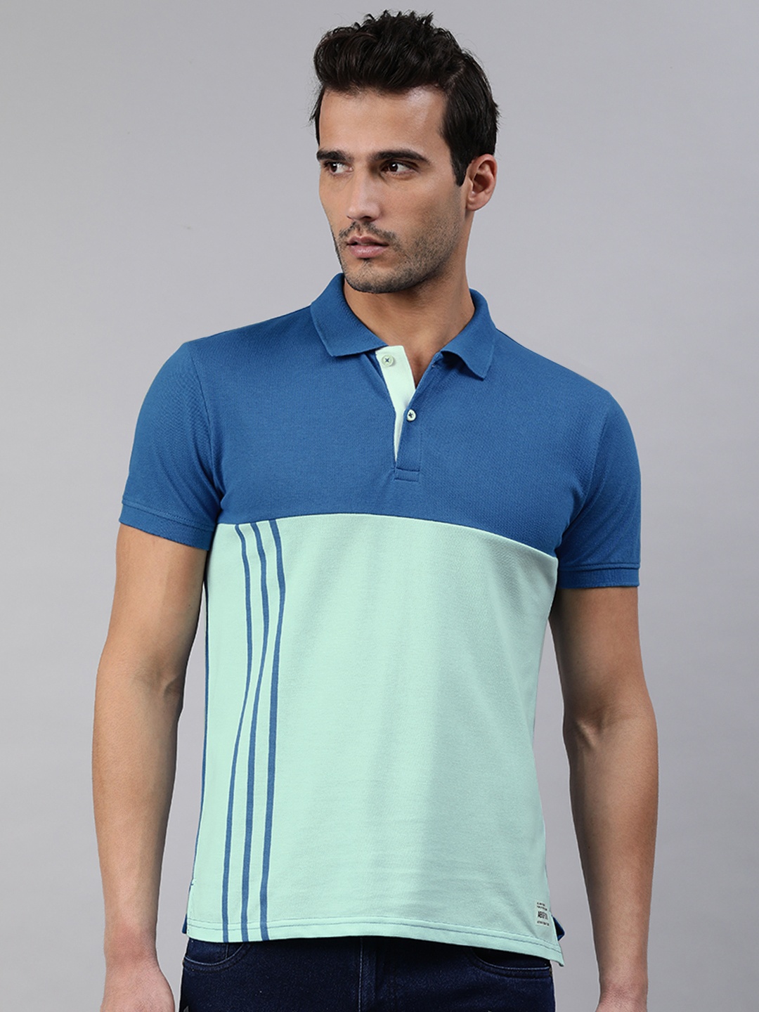 

abof Men Blue Colourblocked Polo Collar T-shirt