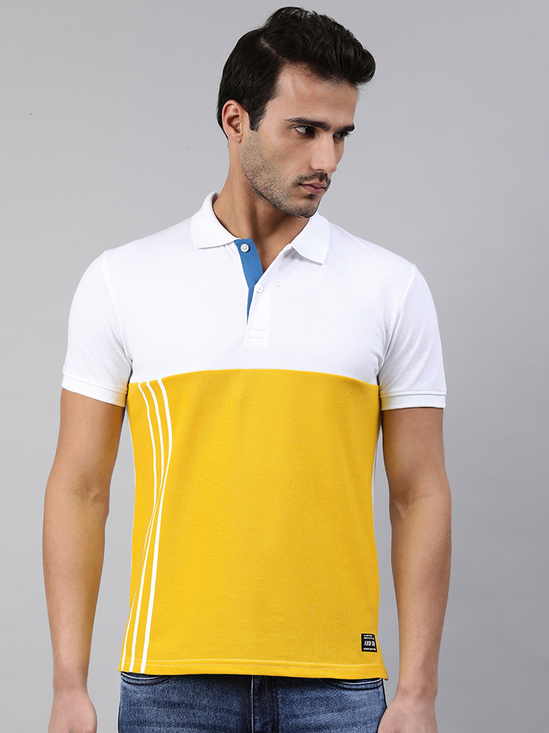

abof Men White & Yellow Colourblocked Polo Collar Casual T-shirt