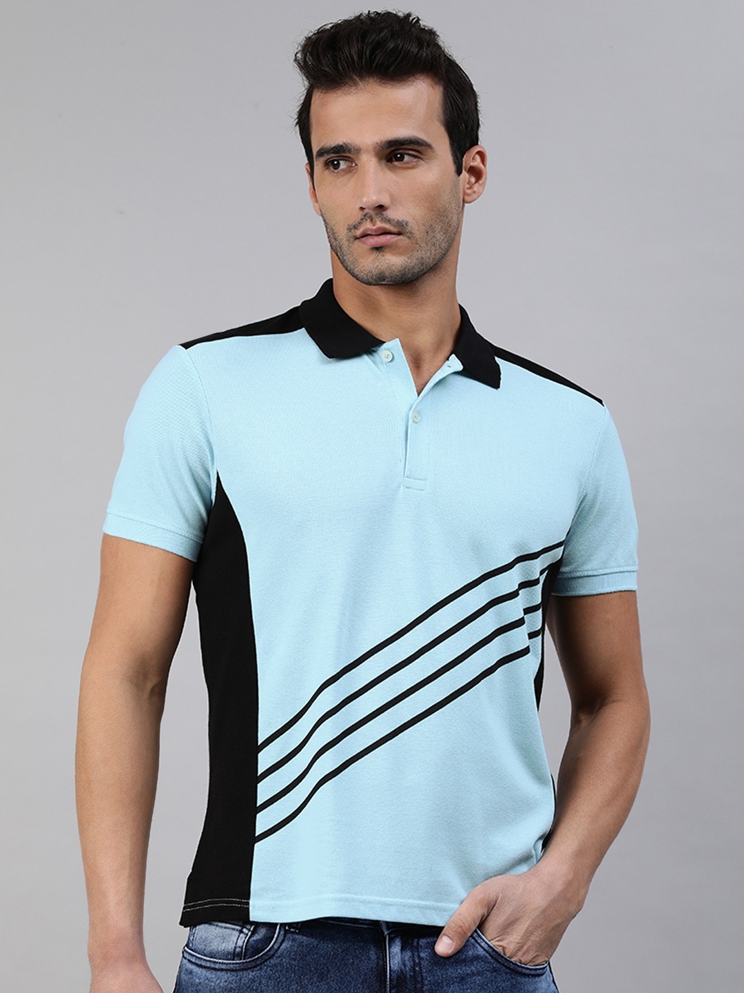 

abof Men Turquoise Blue & Black Colourblocked Polo Collar Casual T-shirt