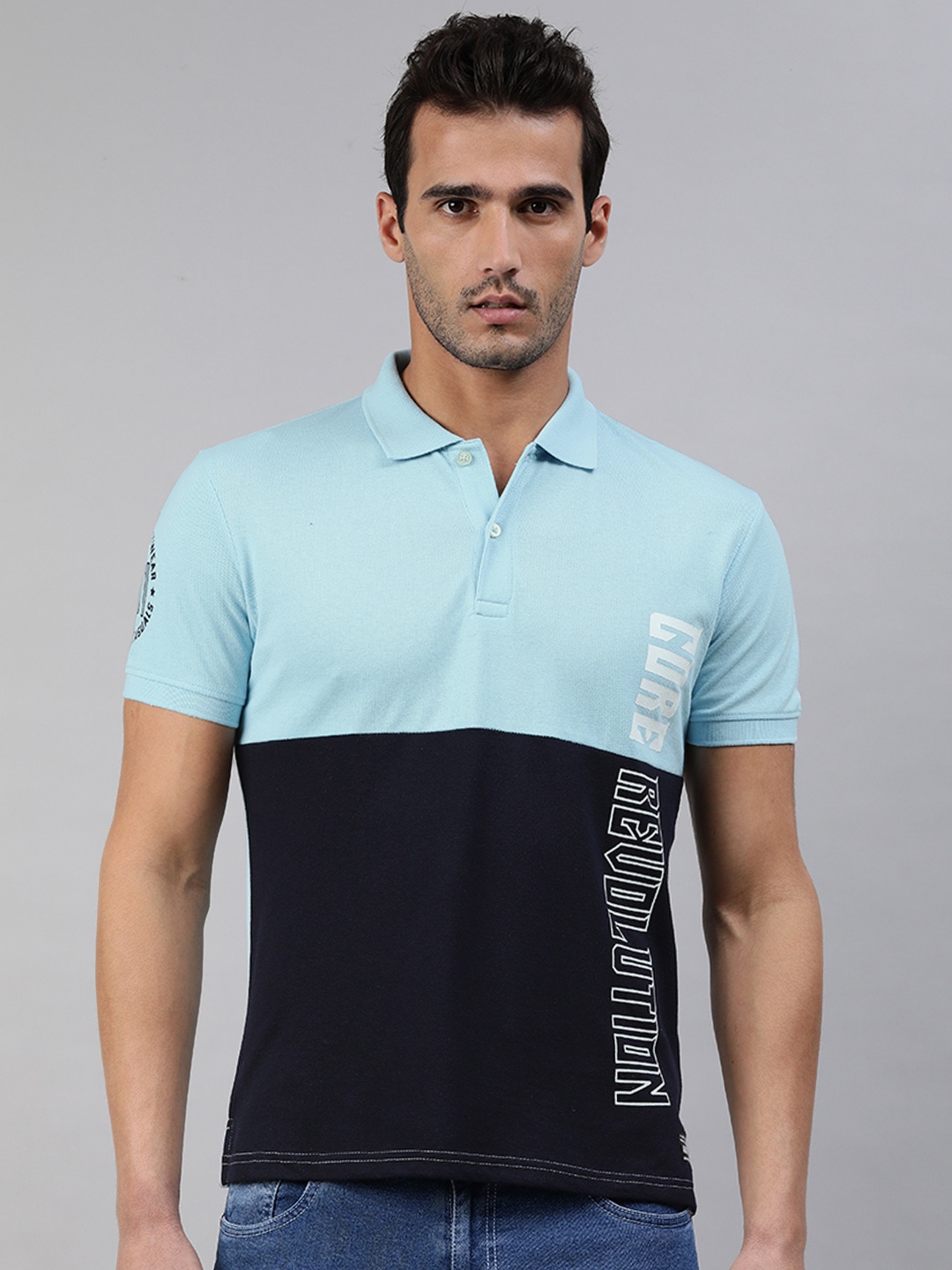 

abof Men Turquoise Blue & Navy Blue Printed Polo Collar Casual T-shirt