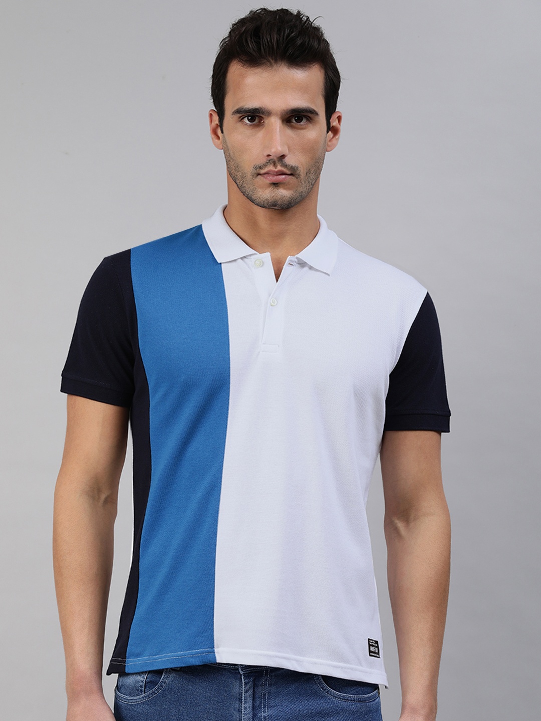 

abof Men White & Navy Blue Colourblocked Polo Collar T-shirt
