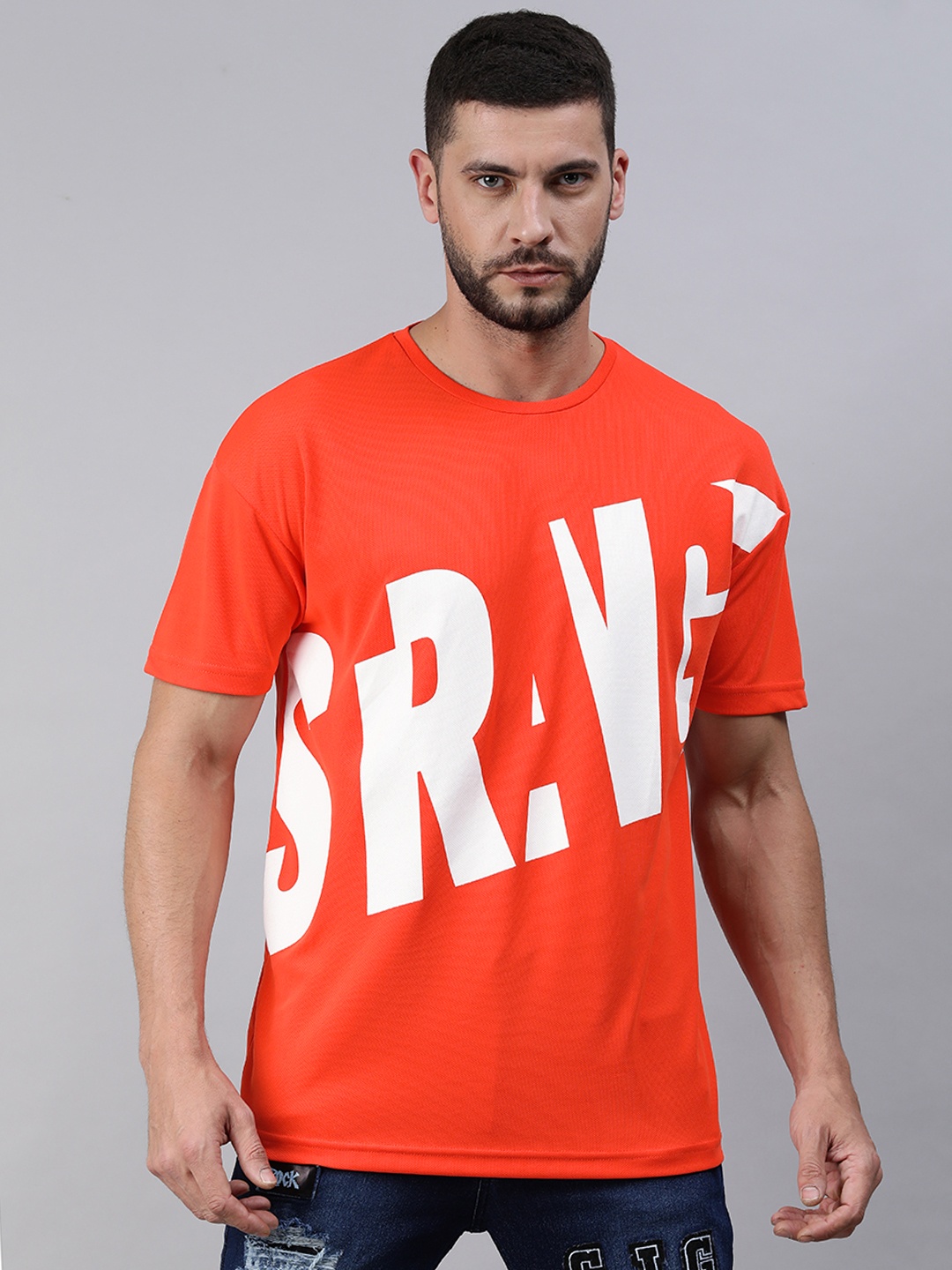 

abof Men Coral Red & White Typography Printed T-shirt