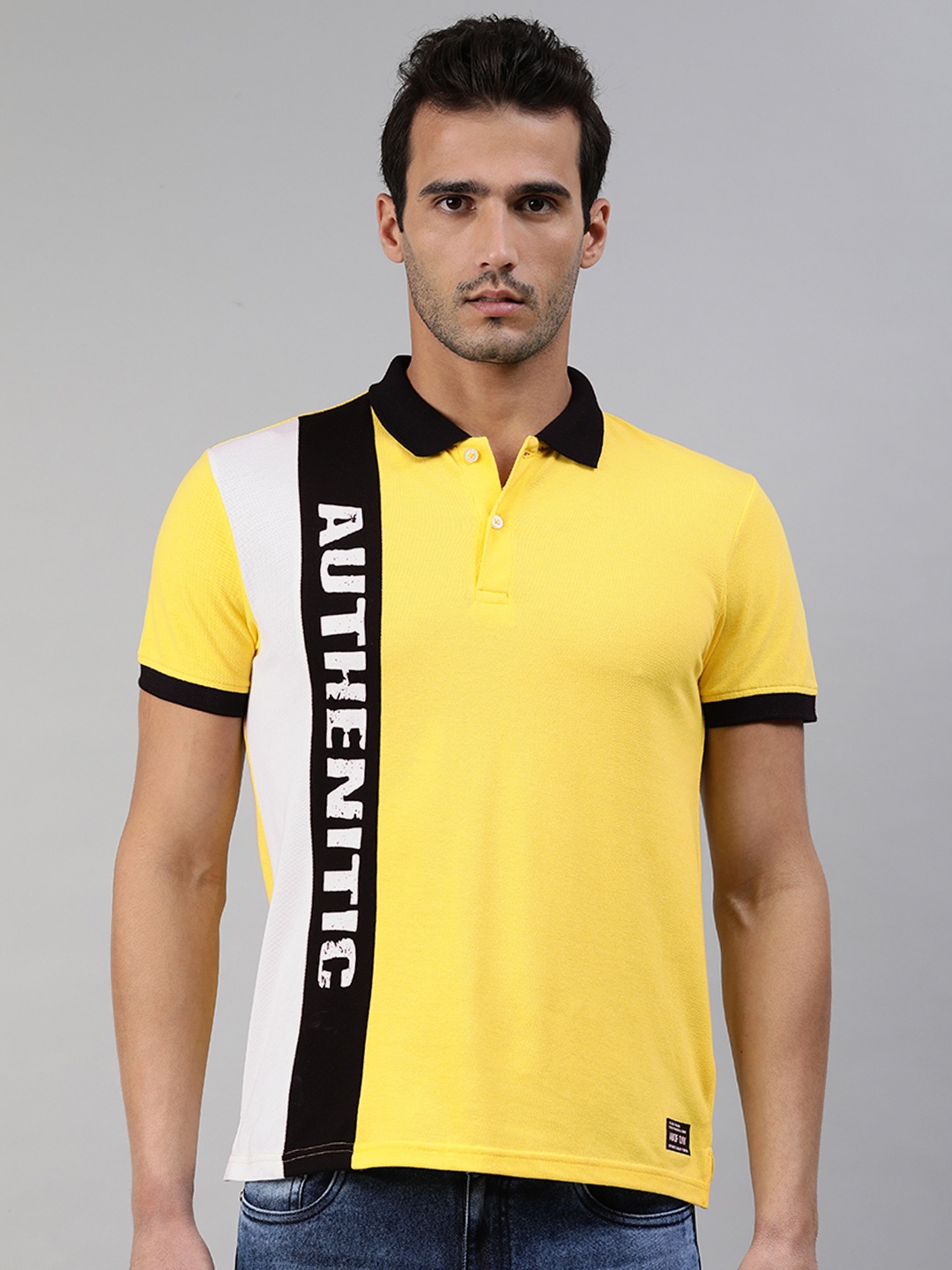 

abof Men Yellow & White Colourblocked Polo Collar T-shirt