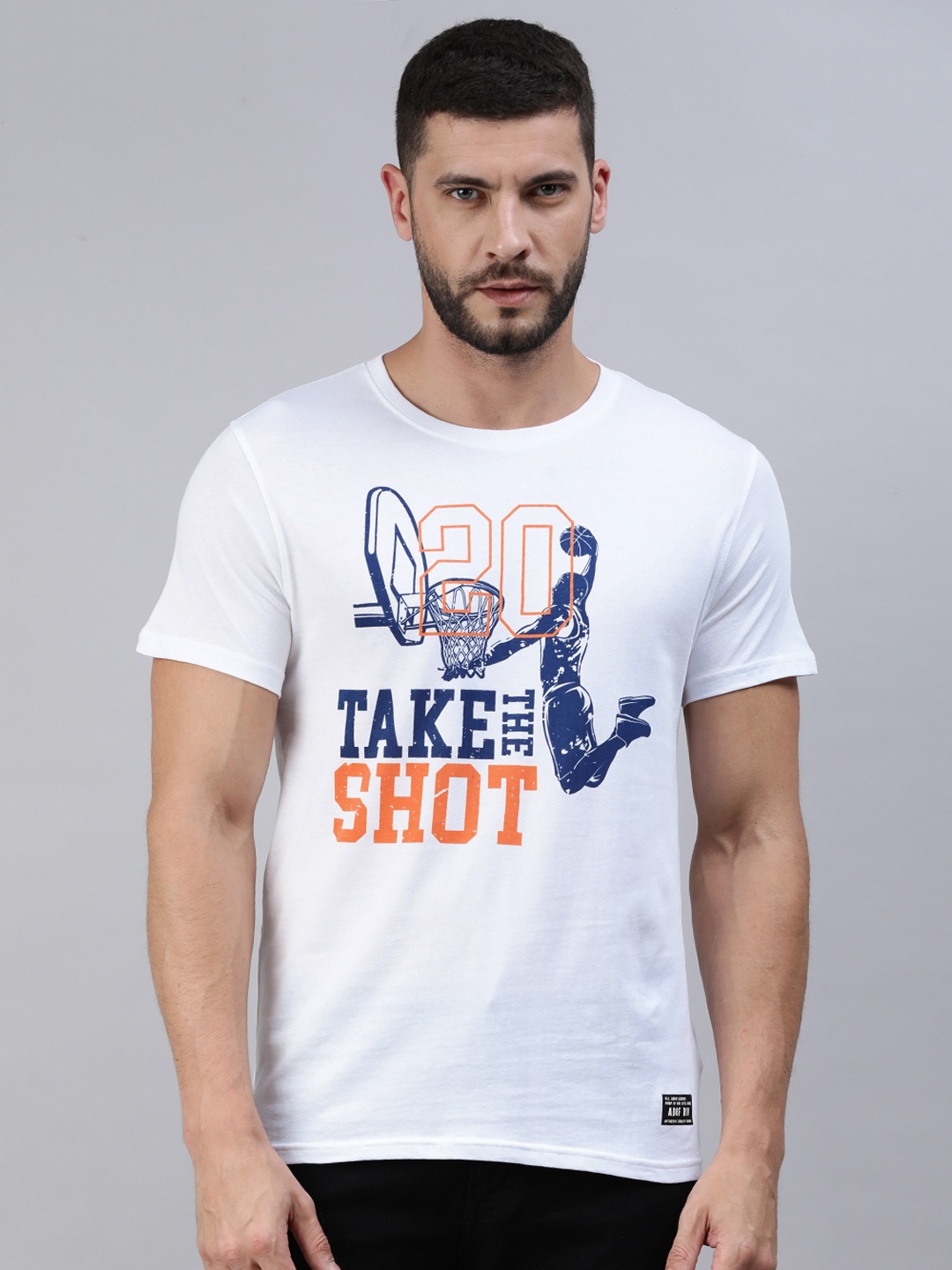 

abof Men White & Blue Sports Printed Pure Cotton T-shirt