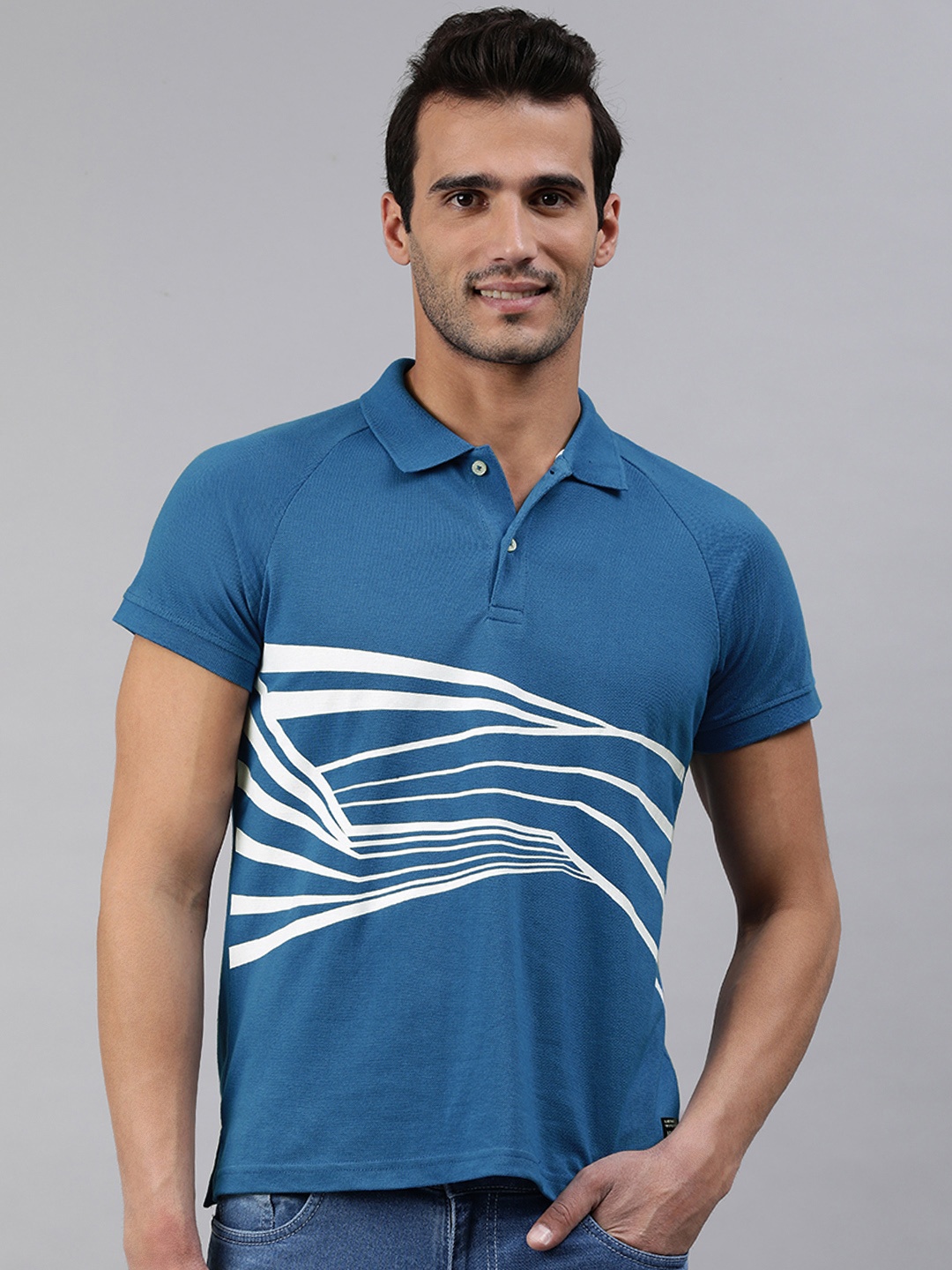 

abof Men Blue & White Printed Polo Collar T-shirt