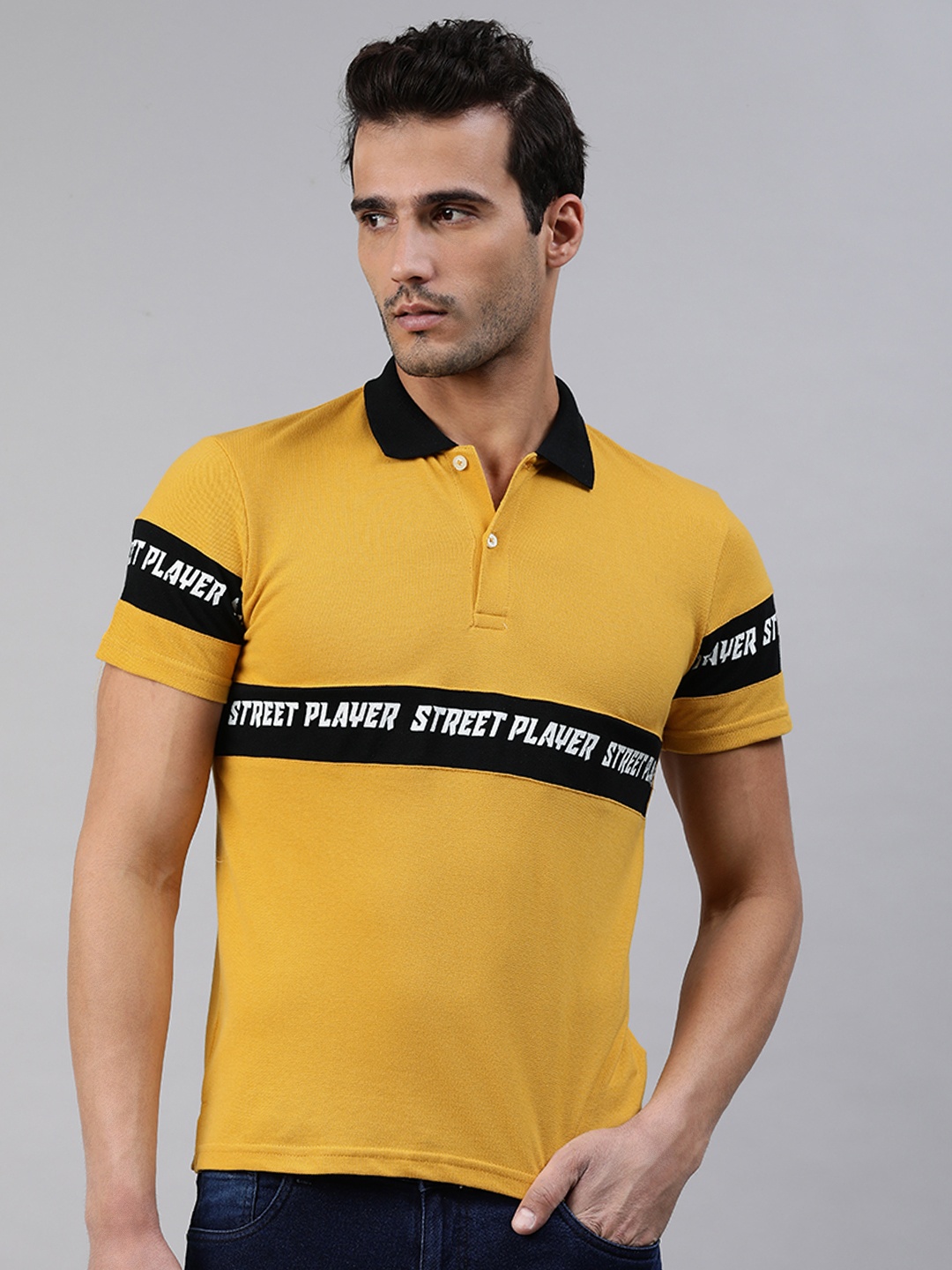 

abof Men Mustard Yellow & Black Typography Printed Polo Collar T-shirt