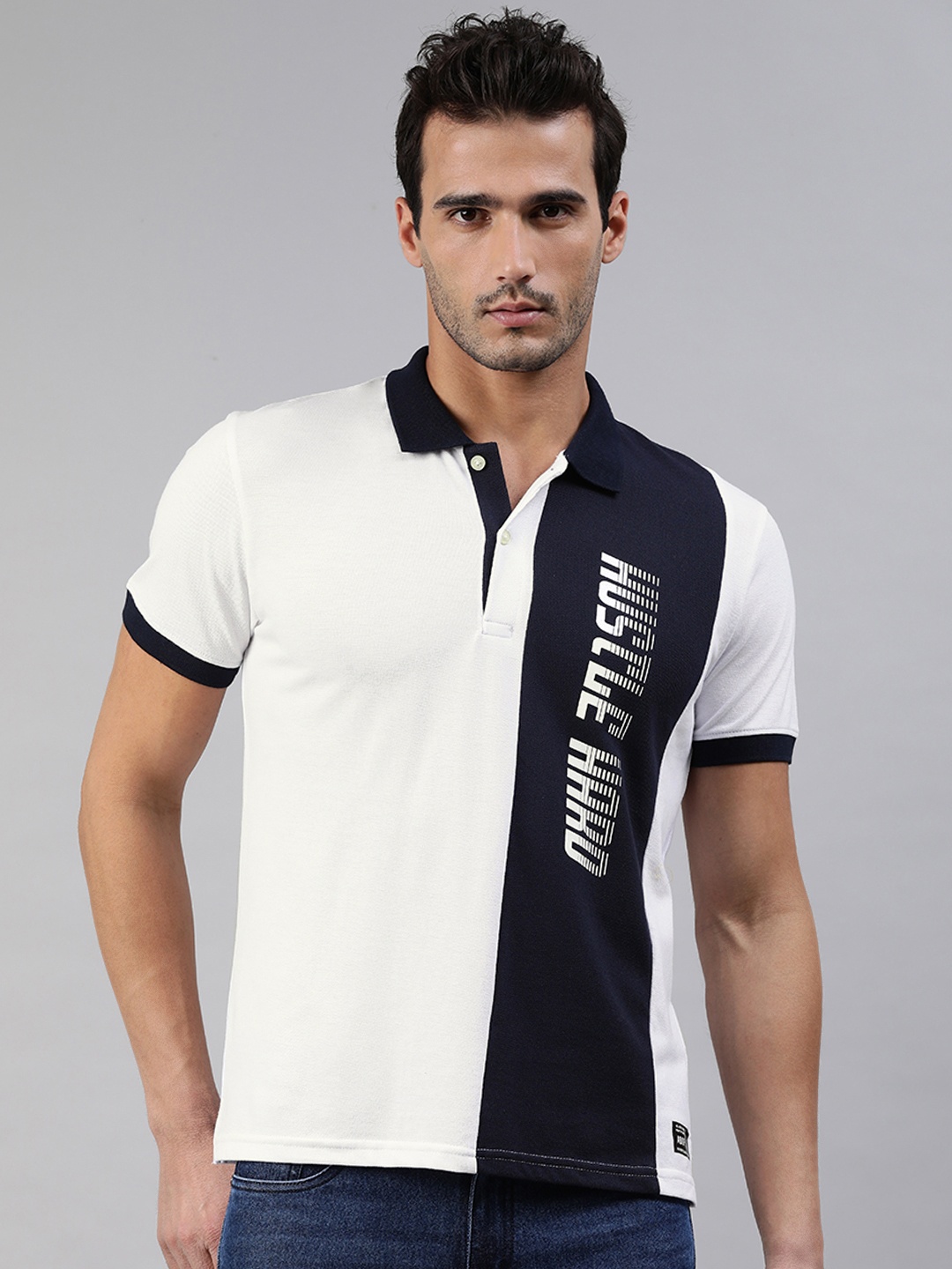 

abof Men White & Navy Blue Printed Polo Collar Pure Cotton T-shirt