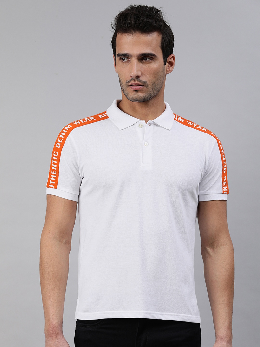 

abof Men White & Orange Typography Printed Polo Collar T-shirt