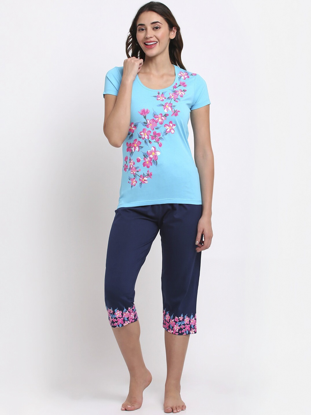 

Slumber Jill Women Blue & Pink Printed Pure Cotton Night suit