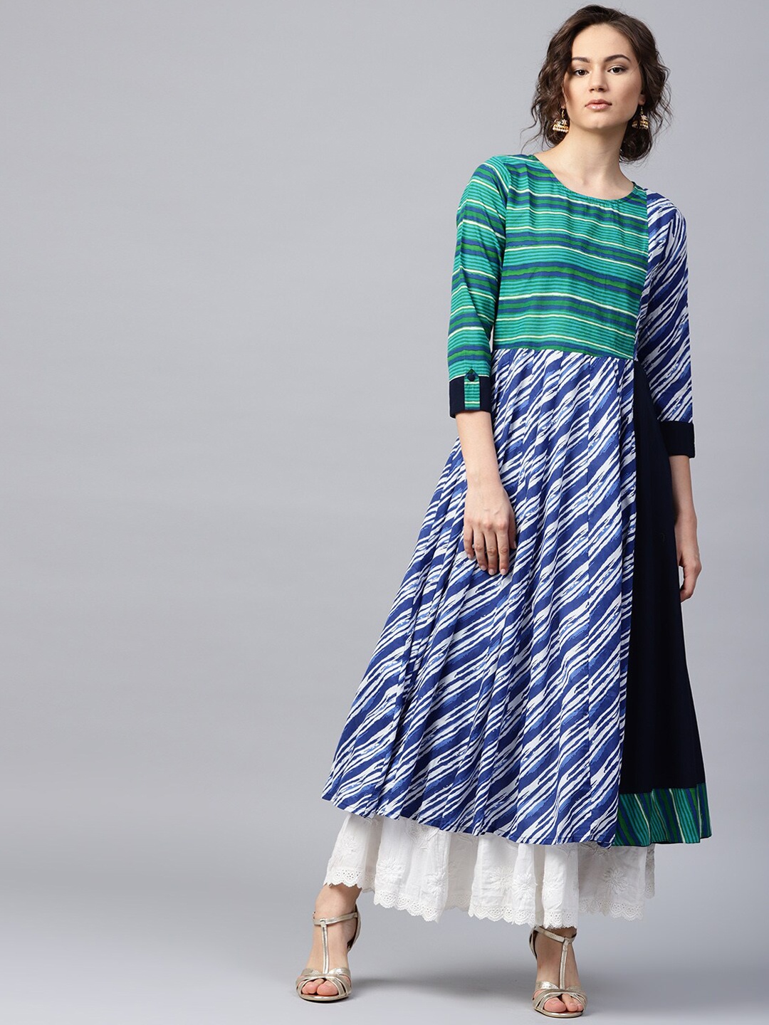 

AASI - HOUSE OF NAYO Women Blue Striped Flared Sleeves Gotta Patti Anarkali Kurta