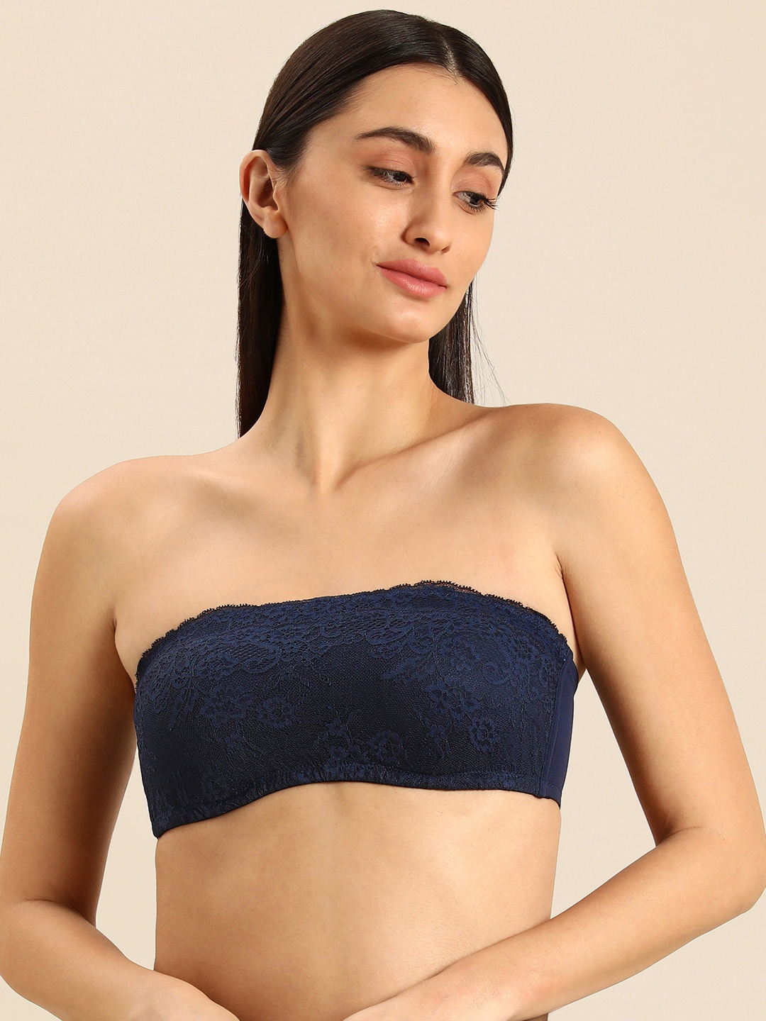 

Wacoal Navy Blue Bragenic Lace Lightly Padded Bandeau All Day Comfort Tube Bra