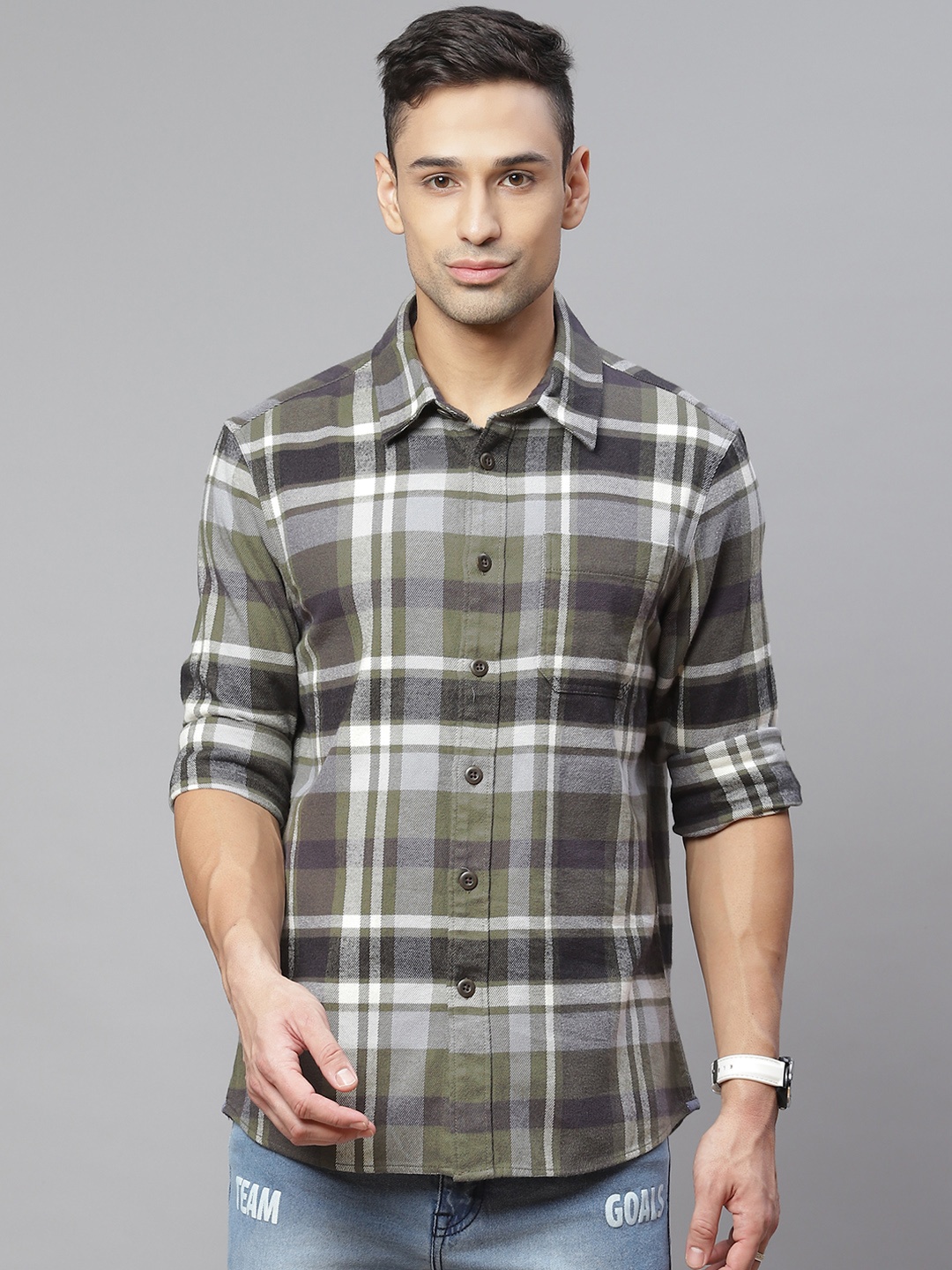 

Marks & Spencer Men Grey & Olive Green Checked Cotton Casual Shirt