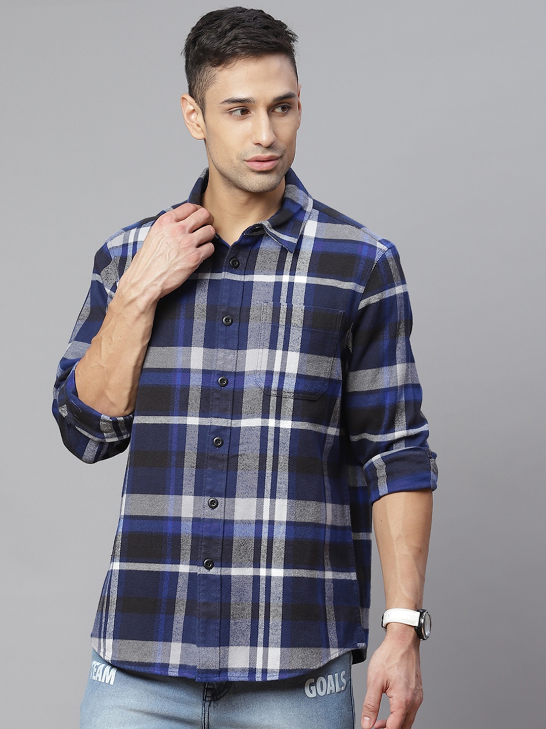 

Marks & Spencer Men Blue & Grey Checked Cotton Casual Shirt