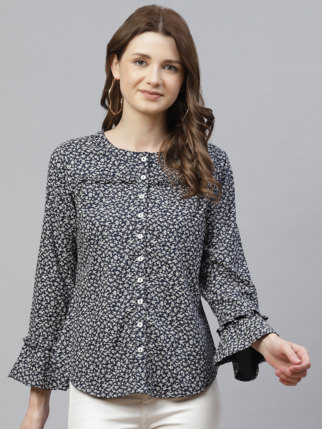 

Ayaany Women Navy Blue & White Floral Printed Pure Cotton Shirt Style Top