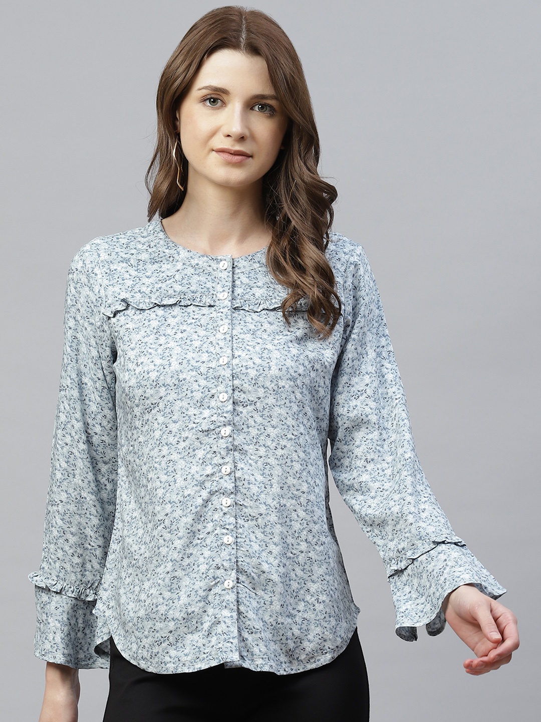 

Ayaany Women Grey & White Floral Printed Pure Cotton Shirt Style Top