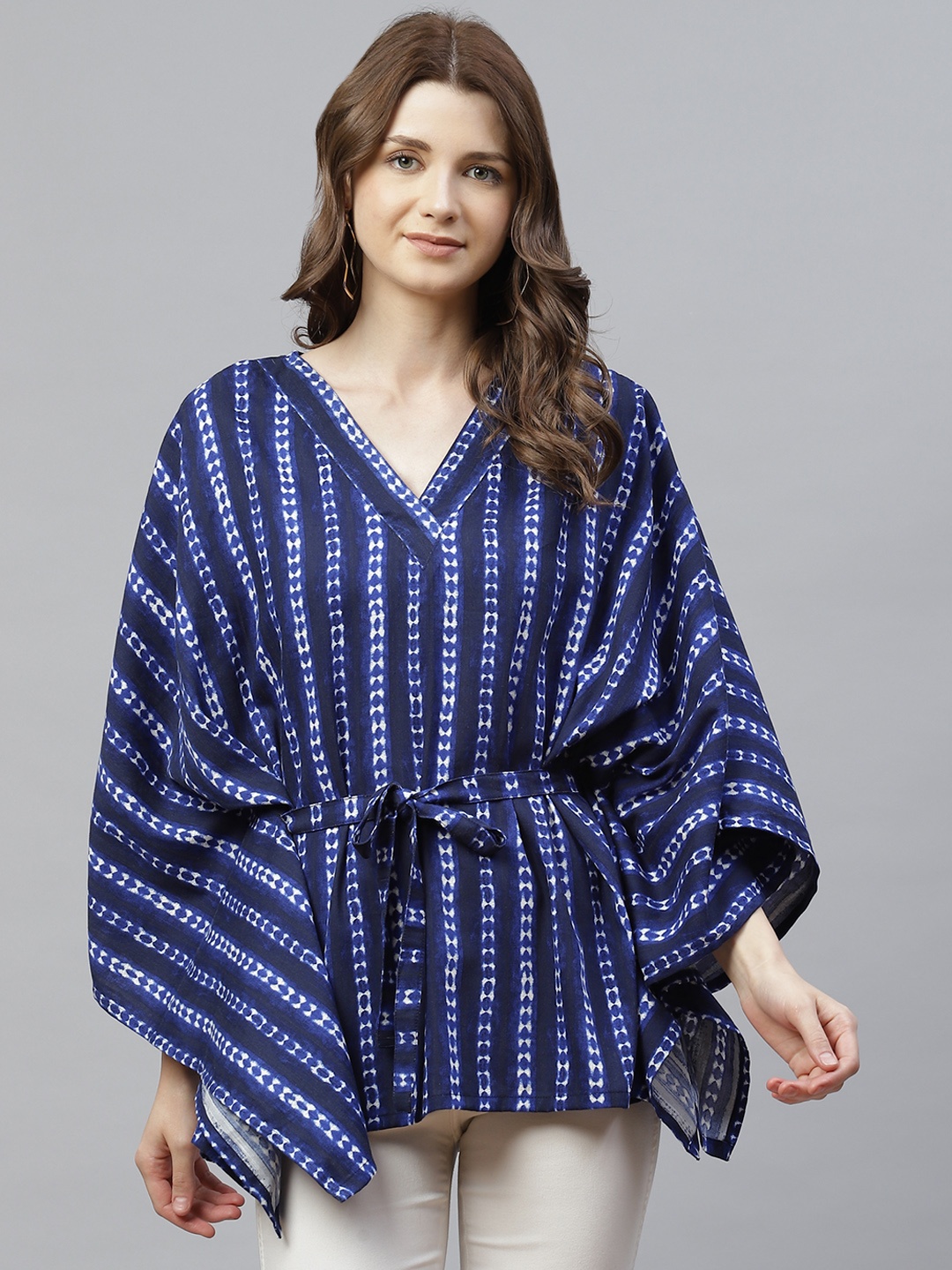 

Ayaany Women Blue Striped Pure Cotton Kaftan Top with Waist Tie-Ups