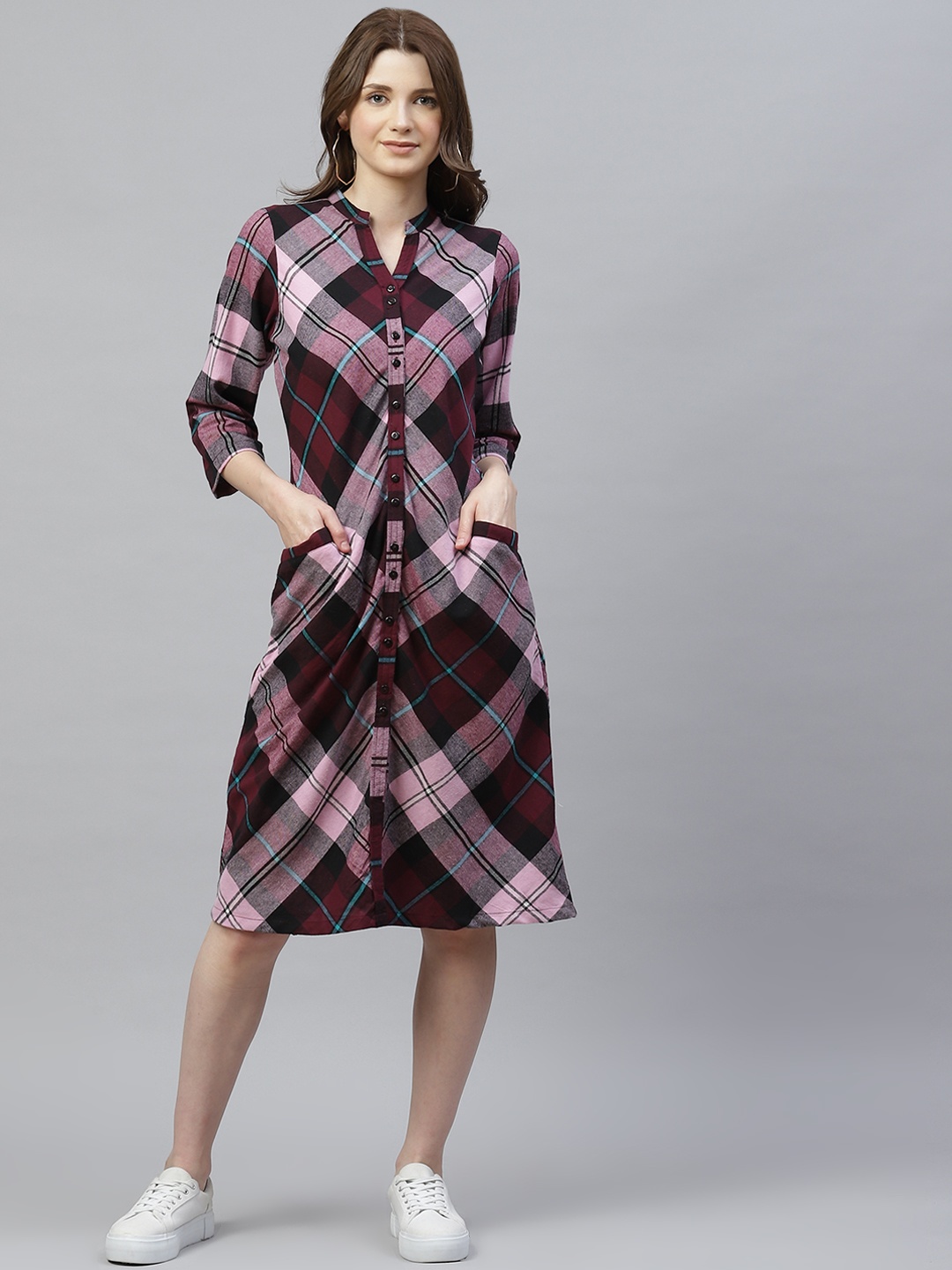 

Ayaany Women Purple & Maroon Checked A-Line Dress