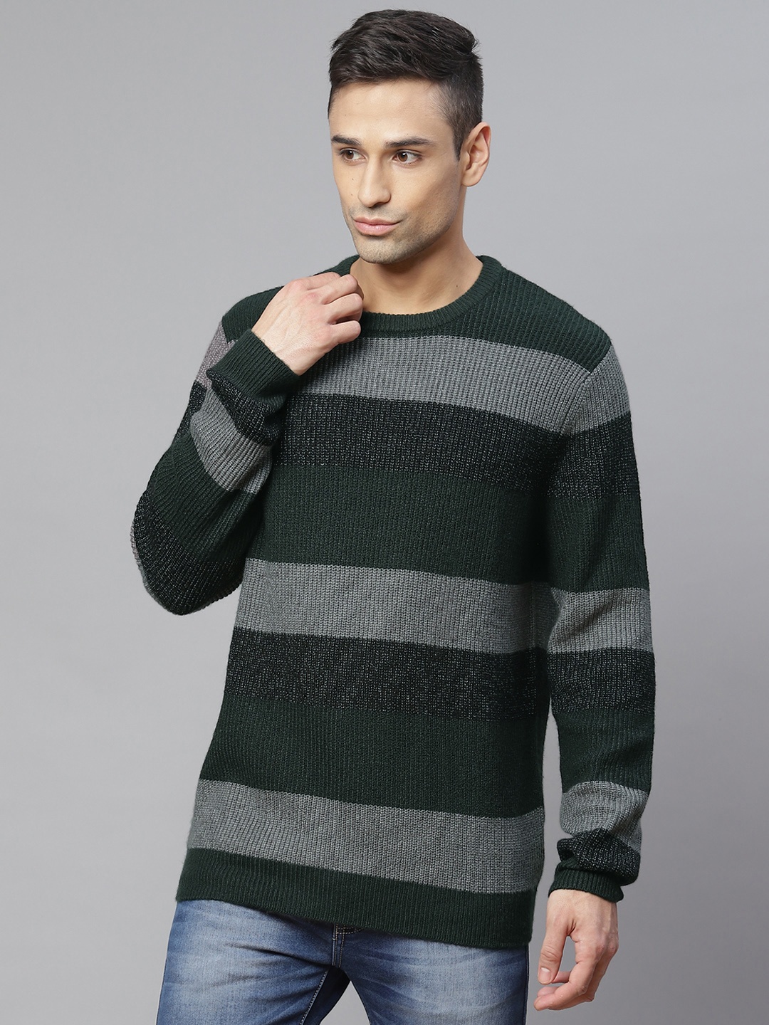 

Marks & Spencer Men Olive Green & Grey Striped Pullover