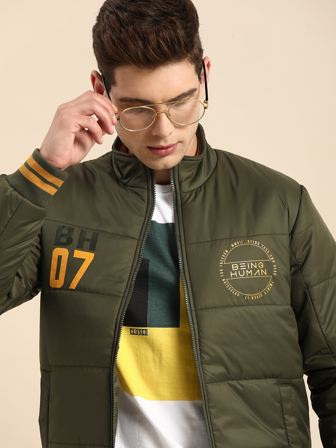 

Being Human Men Olive Green Padded Varsity Jacket with Printed Detailing