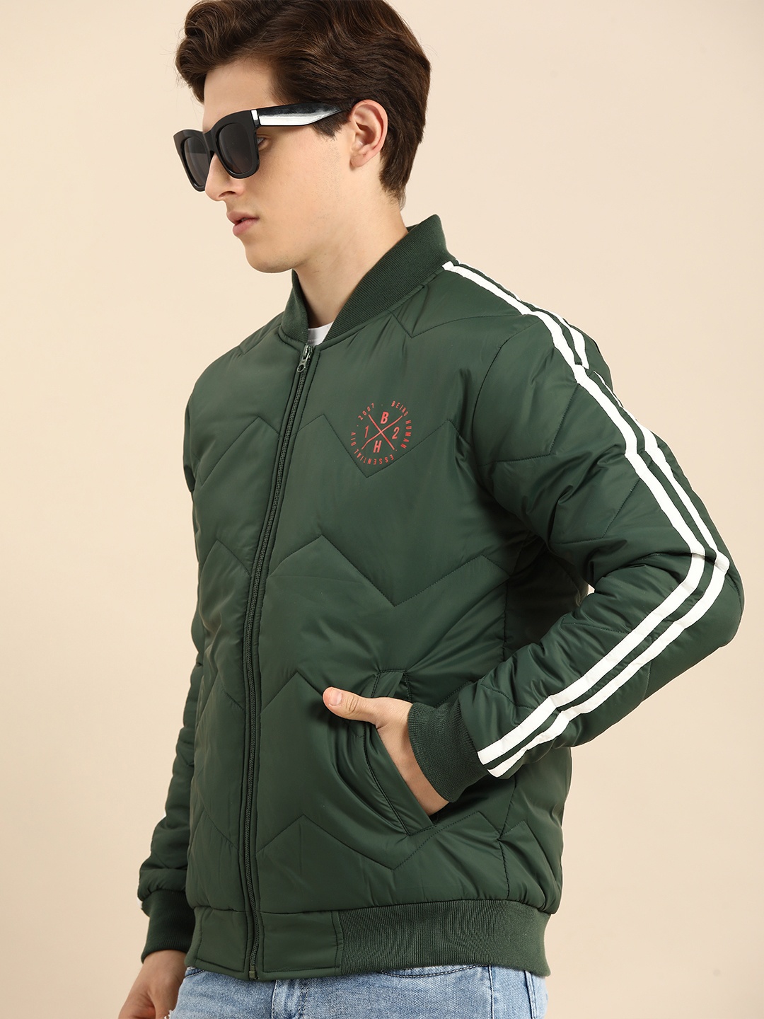 

Being Human Clothing Men Green Solid Lightweight Bomber Jacket with Side Stripes