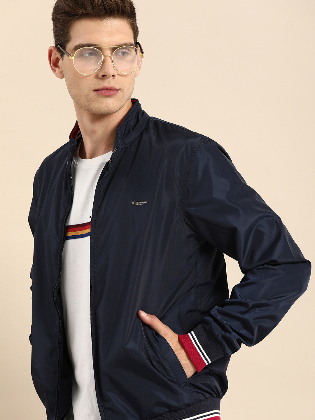 

Being Human Men Navy Blue Zip Detailed Lightweight Varsity Jacket