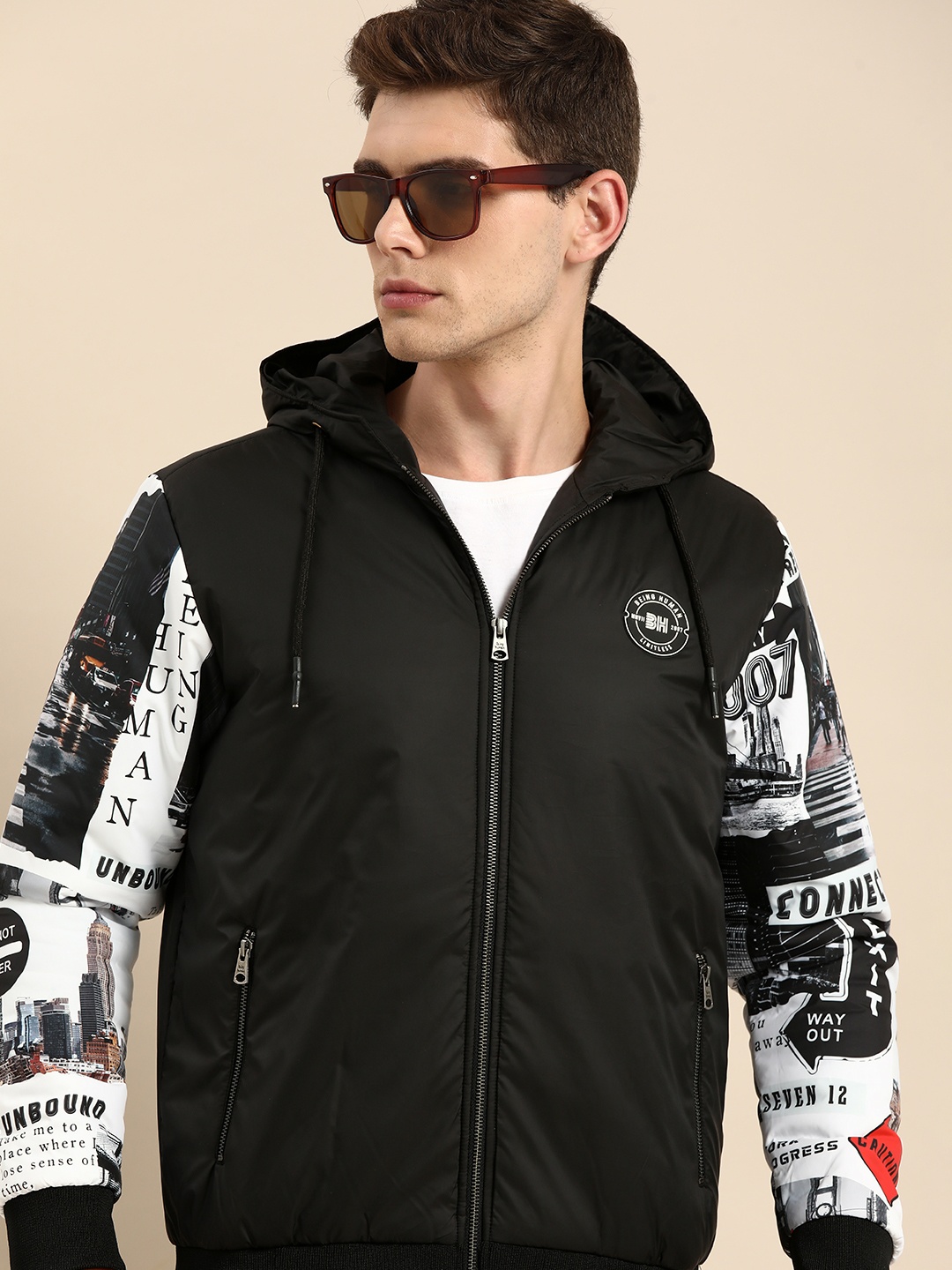 

Being Human Men Black & Off White Graphic Printed Lightweight Bomber Jacket