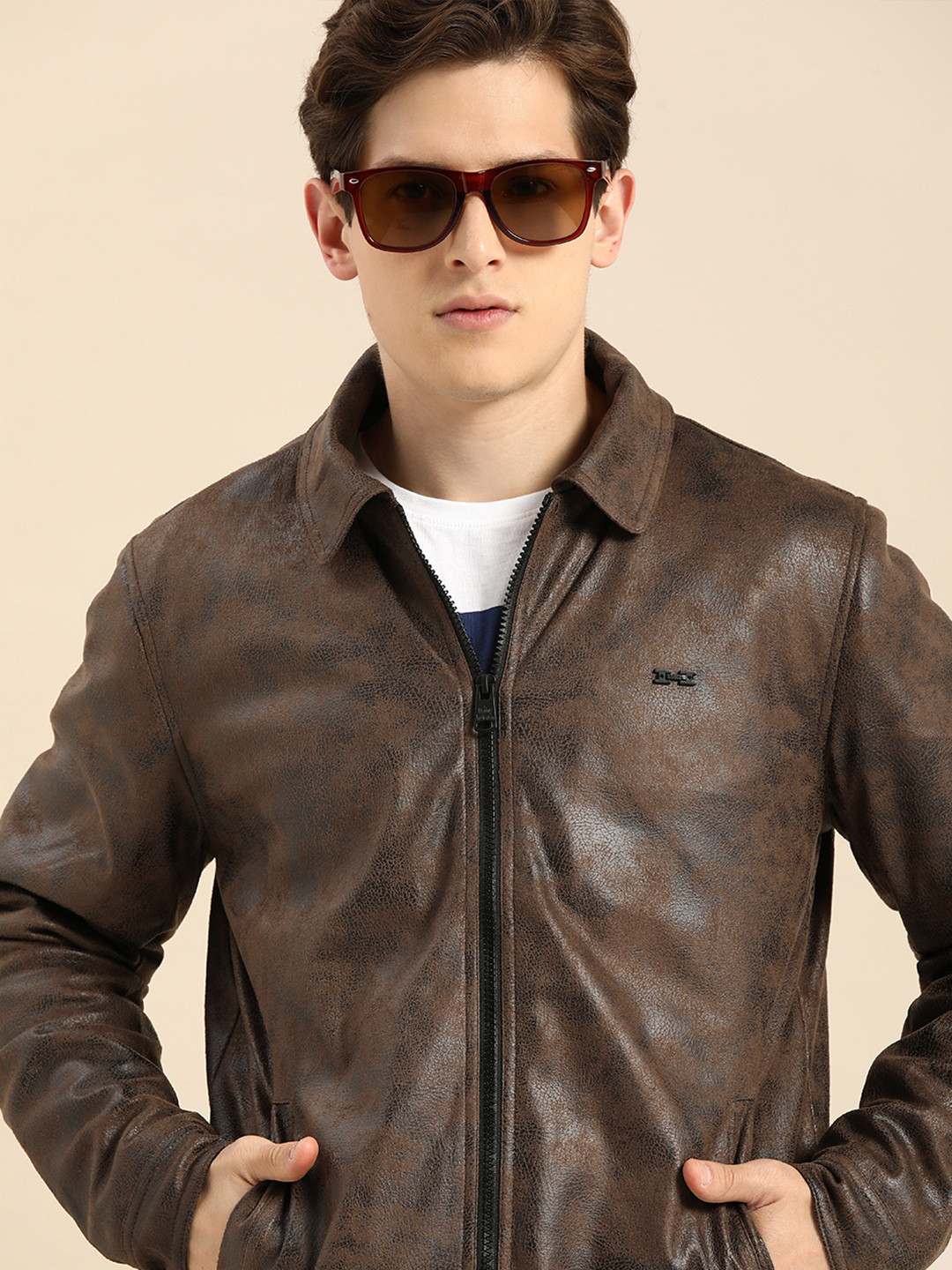 

Being Human Clothing Men Brown Solid Lightweight Leather Jacket
