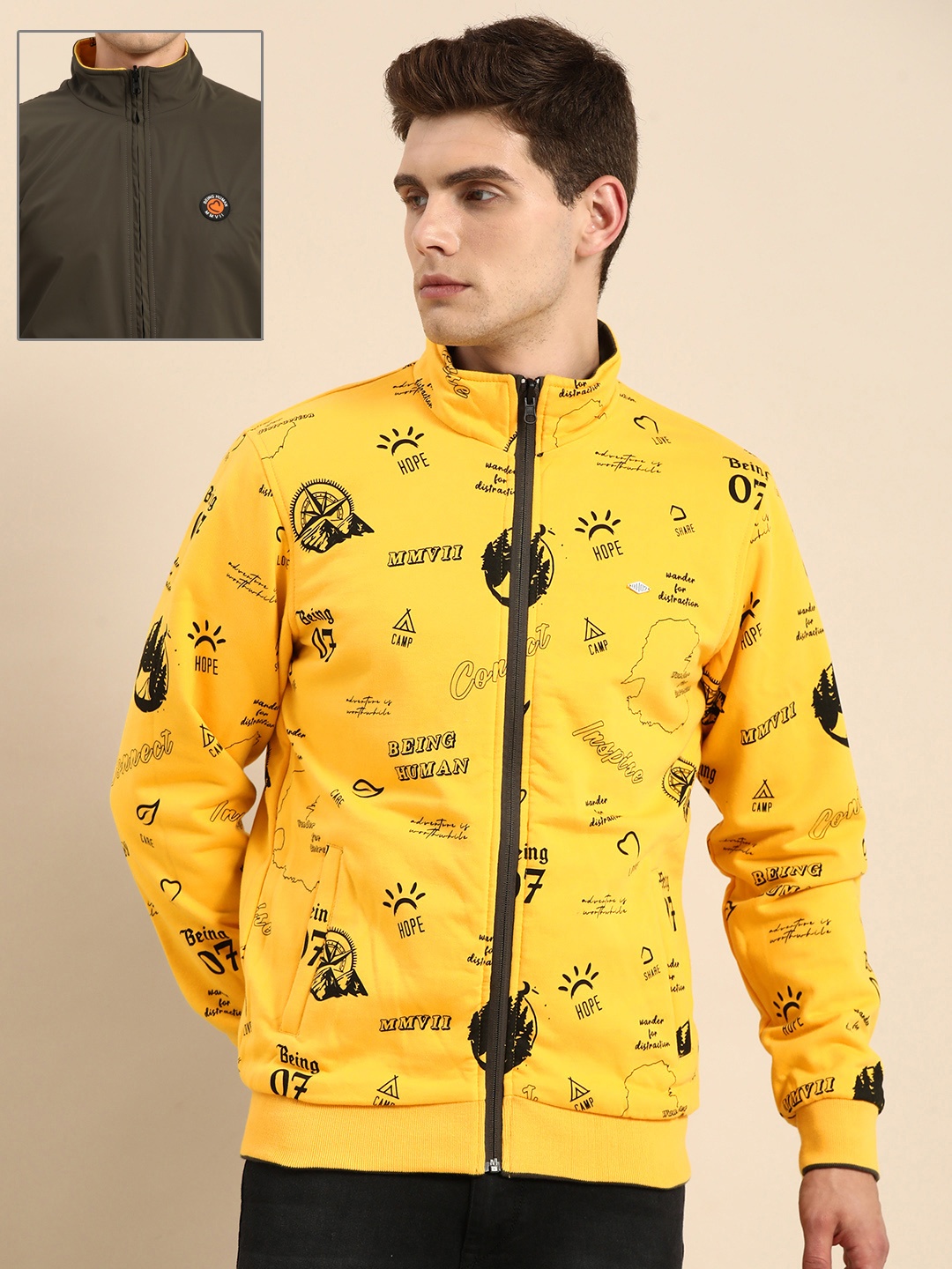 

Being Human Men Yellow Olive Green Reversible Bomber Jacket