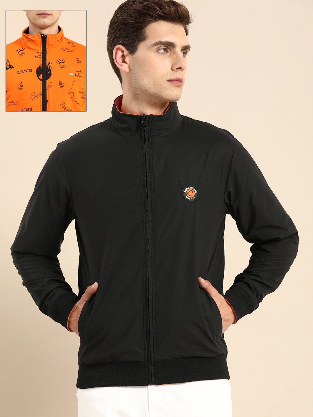 

Being Human Men Black Solid Mock-Collar Reversible Bomber Jacket
